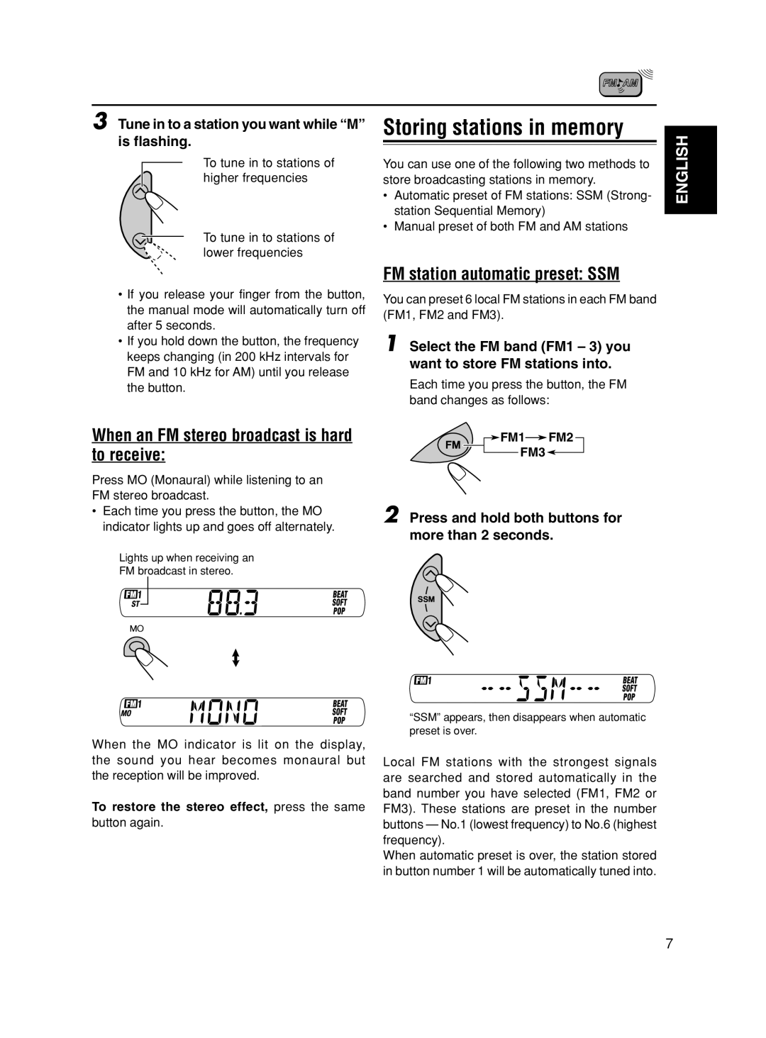 JVC KS-F190 Storing stations in memory, When an FM stereo broadcast is hard to receive, FM station automatic preset SSM 
