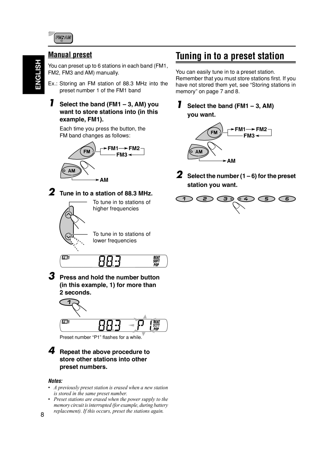 JVC KS-F190 manual Tuning in to a preset station, Manual preset, Tune in to a station of 88.3 MHz 