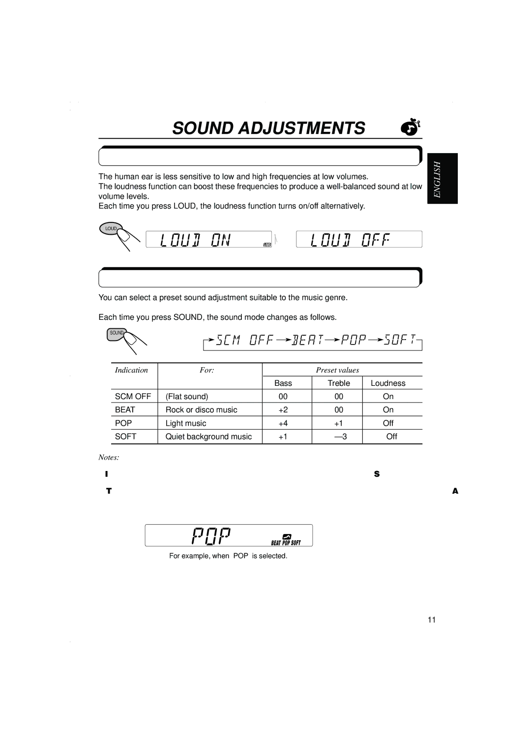 JVC KS-F315EE manual Sound Adjustments, Turning on/off the loudness function, Selecting preset sound modes 