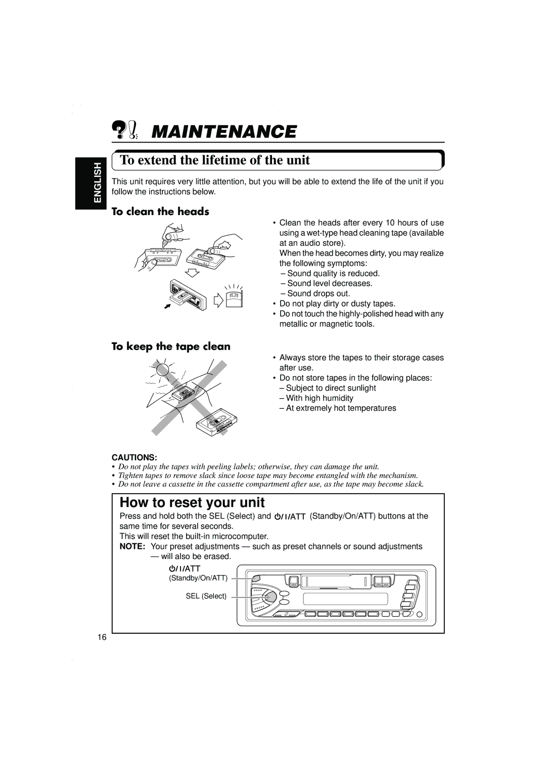 JVC KS-F315EE manual Maintenance, To extend the lifetime of the unit, To clean the heads, To keep the tape clean 