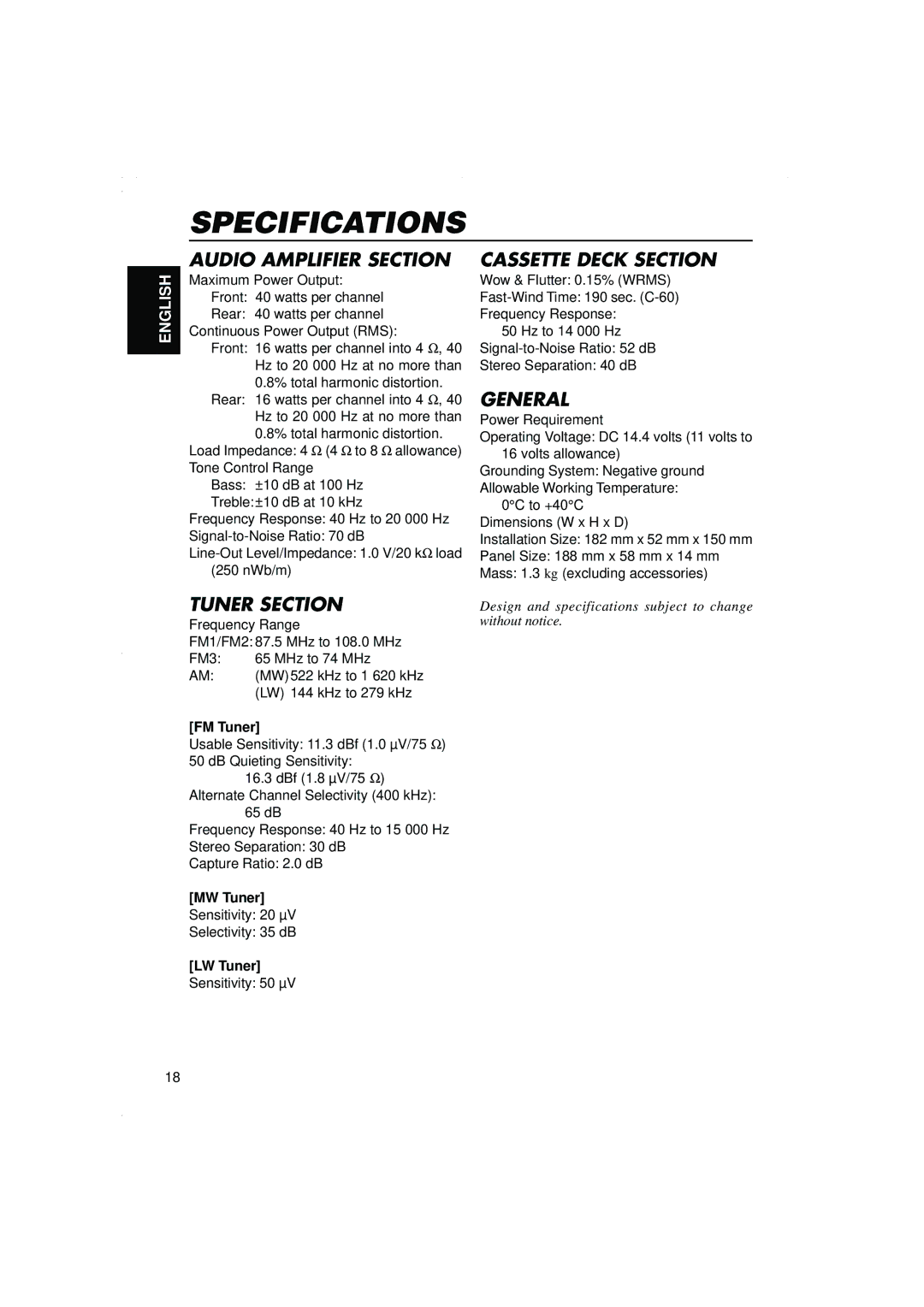 JVC KS-F315EE manual SP Ecifications, FM Tuner, MW Tuner, LW Tuner 