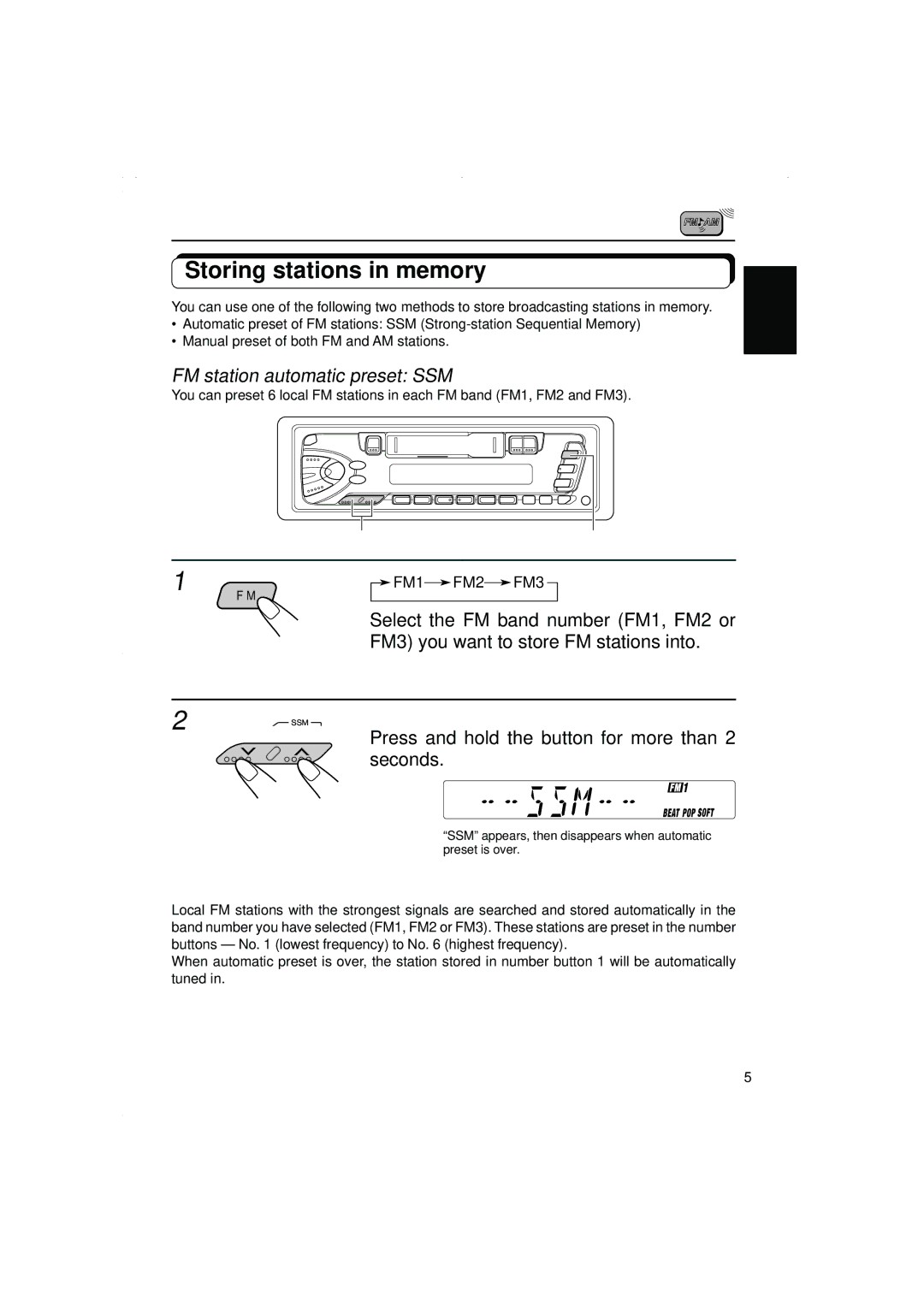 JVC KS-F315EE manual Storing stations in memory, FM station automatic preset SSM 