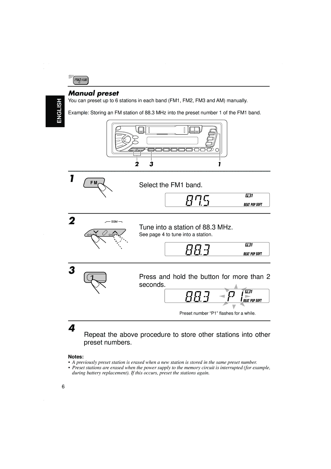 JVC KS-F315EE manual Manual preset, Tune into a station of 88.3 MHz 