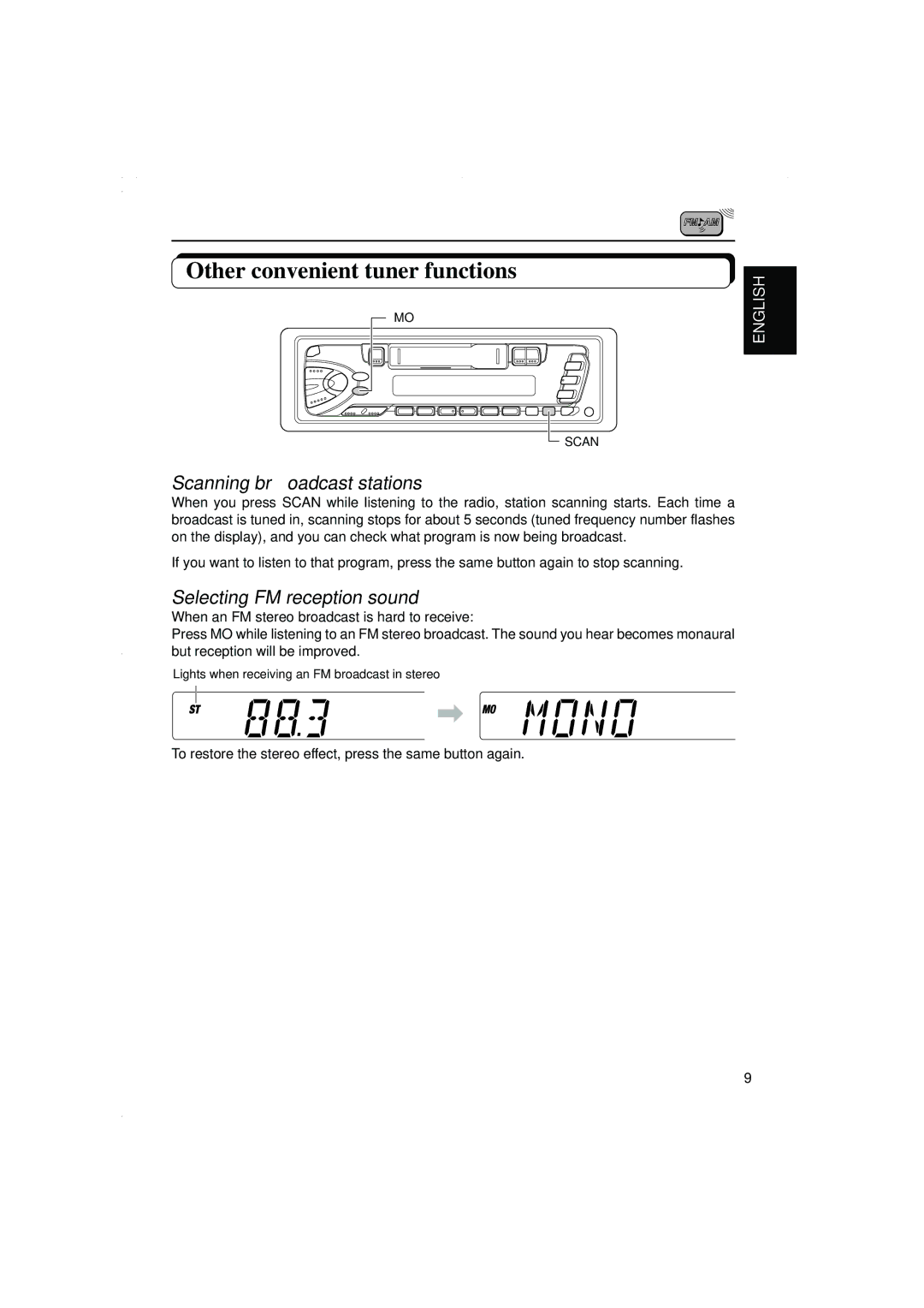 JVC KS-F315EE manual Other convenient tuner functions, When an FM stereo broadcast is hard to receive 