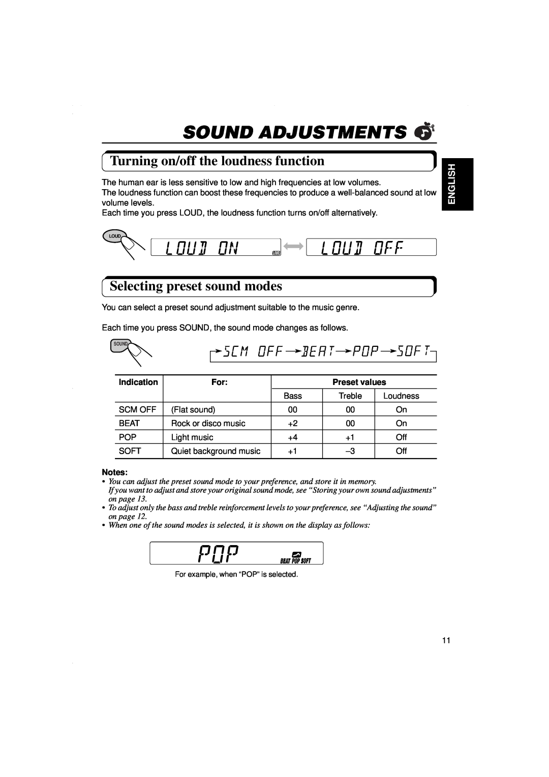 JVC KS-F315EE Sound Adjustments, Turning on/off the loudness function, Selecting preset sound modes, English, Indication 