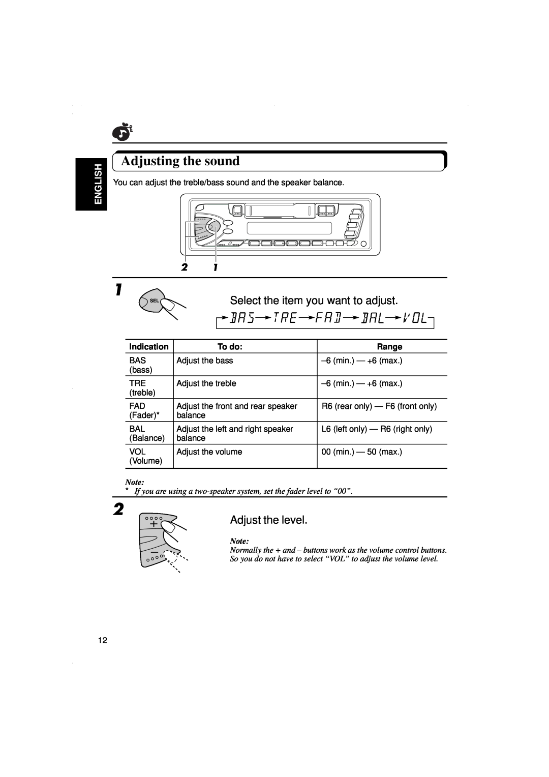 JVC KS-F315EE manual Adjusting the sound, English, Indication, To do, Range 