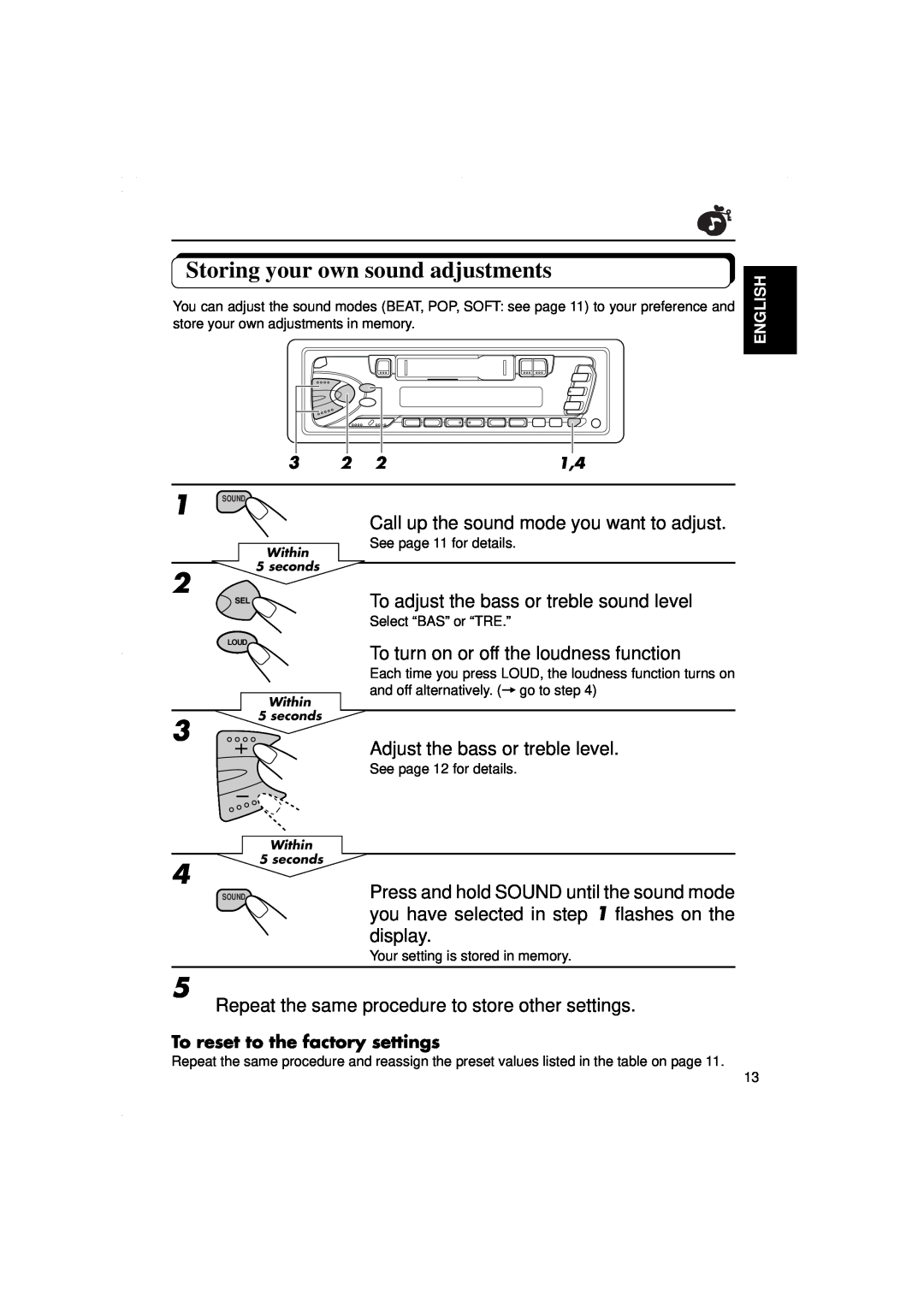 JVC KS-F315EE manual Storing your own sound adjustments 