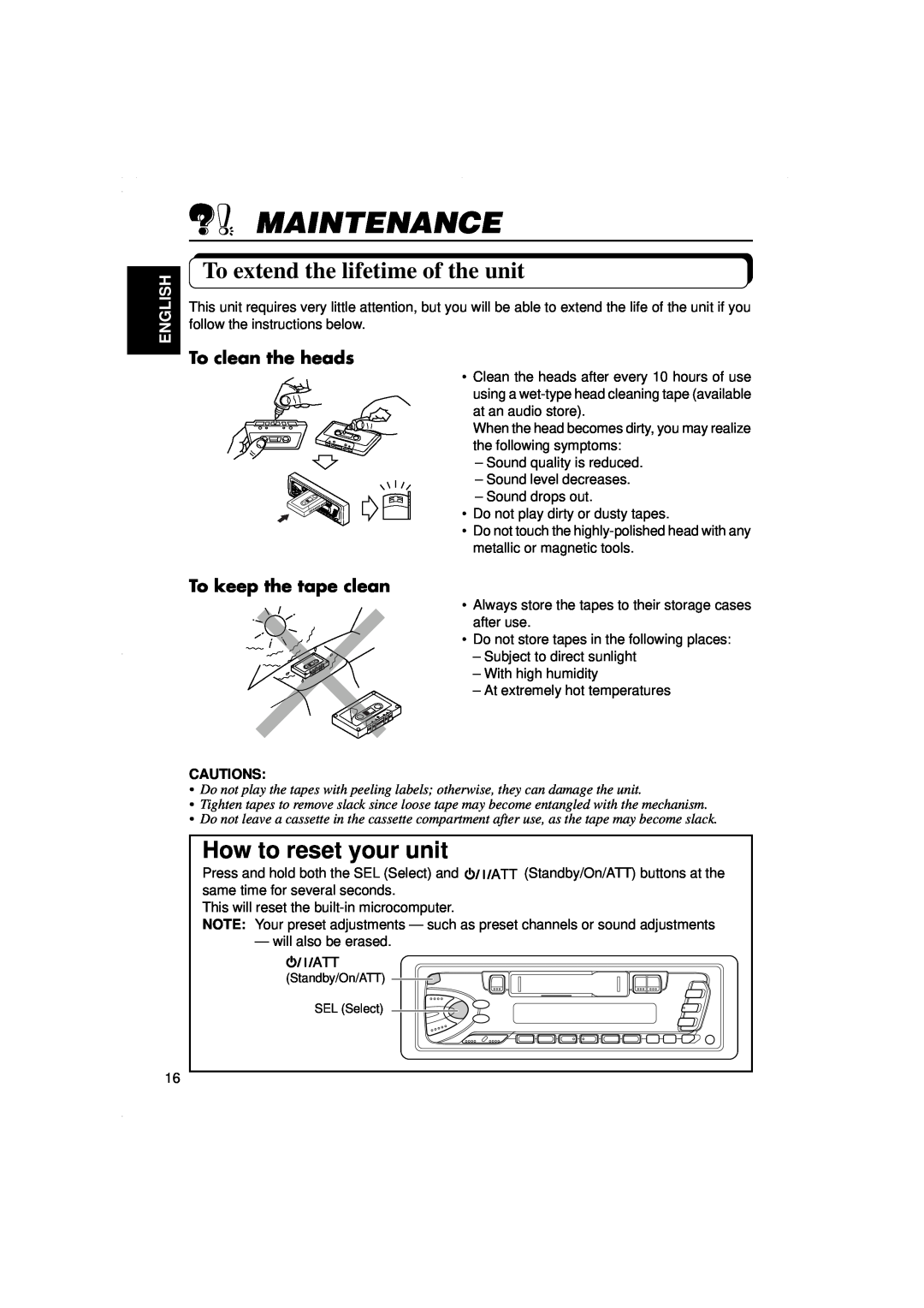JVC KS-F315EE manual Maintenance, To extend the lifetime of the unit, How to reset your unit, To clean the heads, English 