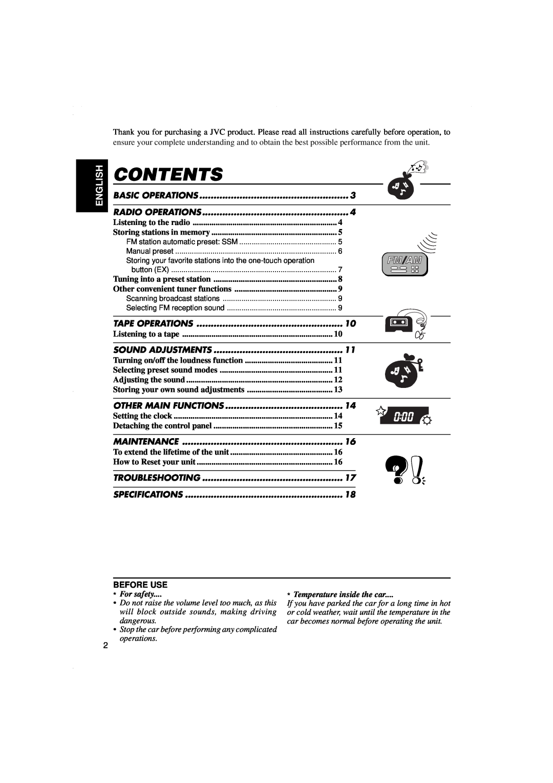 JVC KS-F315EE manual Contents, English, Listening to a tape, Before Use, For safety, Temperature inside the car 