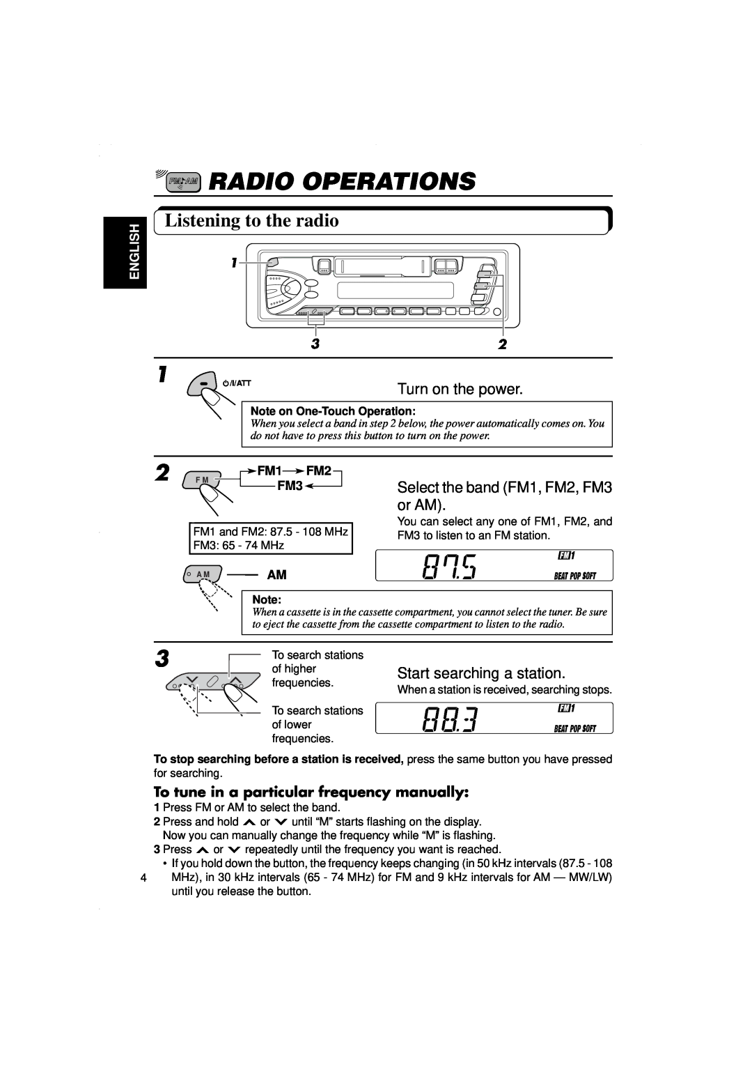 JVC KS-F315EE Radio Operations, Listening to the radio, Turn on the power, To tune in a particular frequency manually 