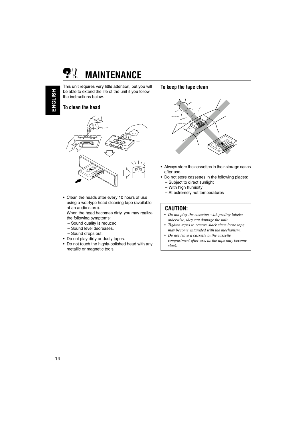 JVC KS-F345 manual Maintenance, To clean the head, To keep the tape clean, Instructions below 