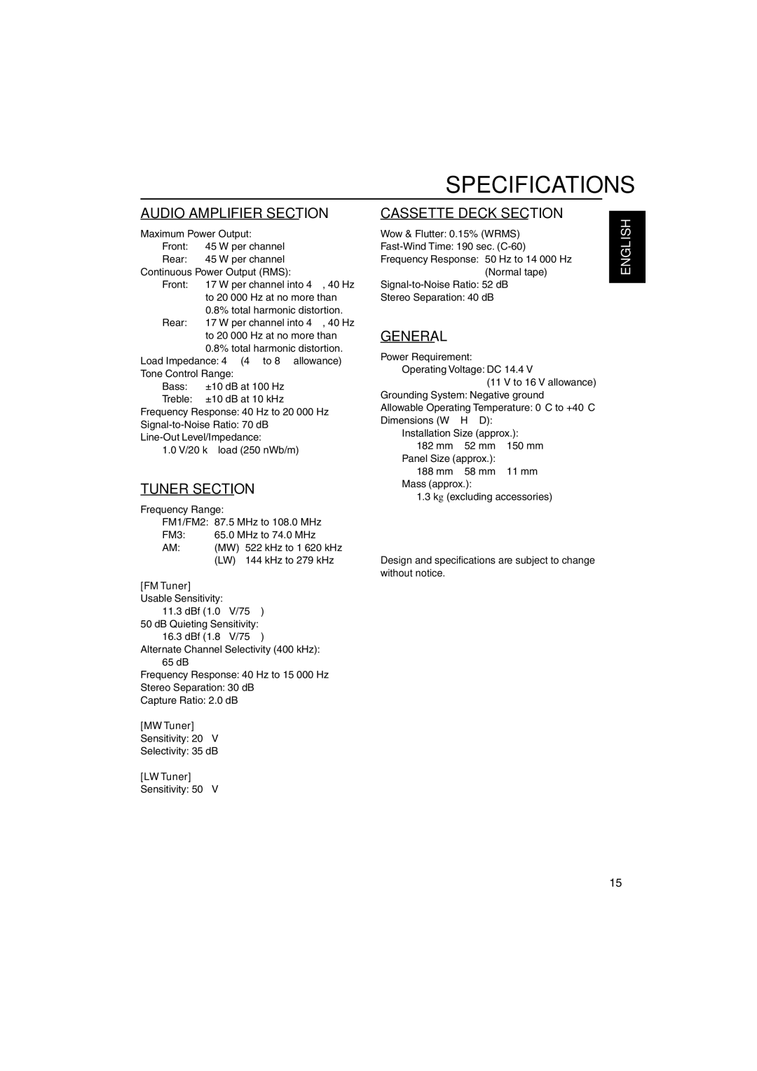 JVC KS-F345 manual Specifications, FM Tuner, MW Tuner, LW Tuner 