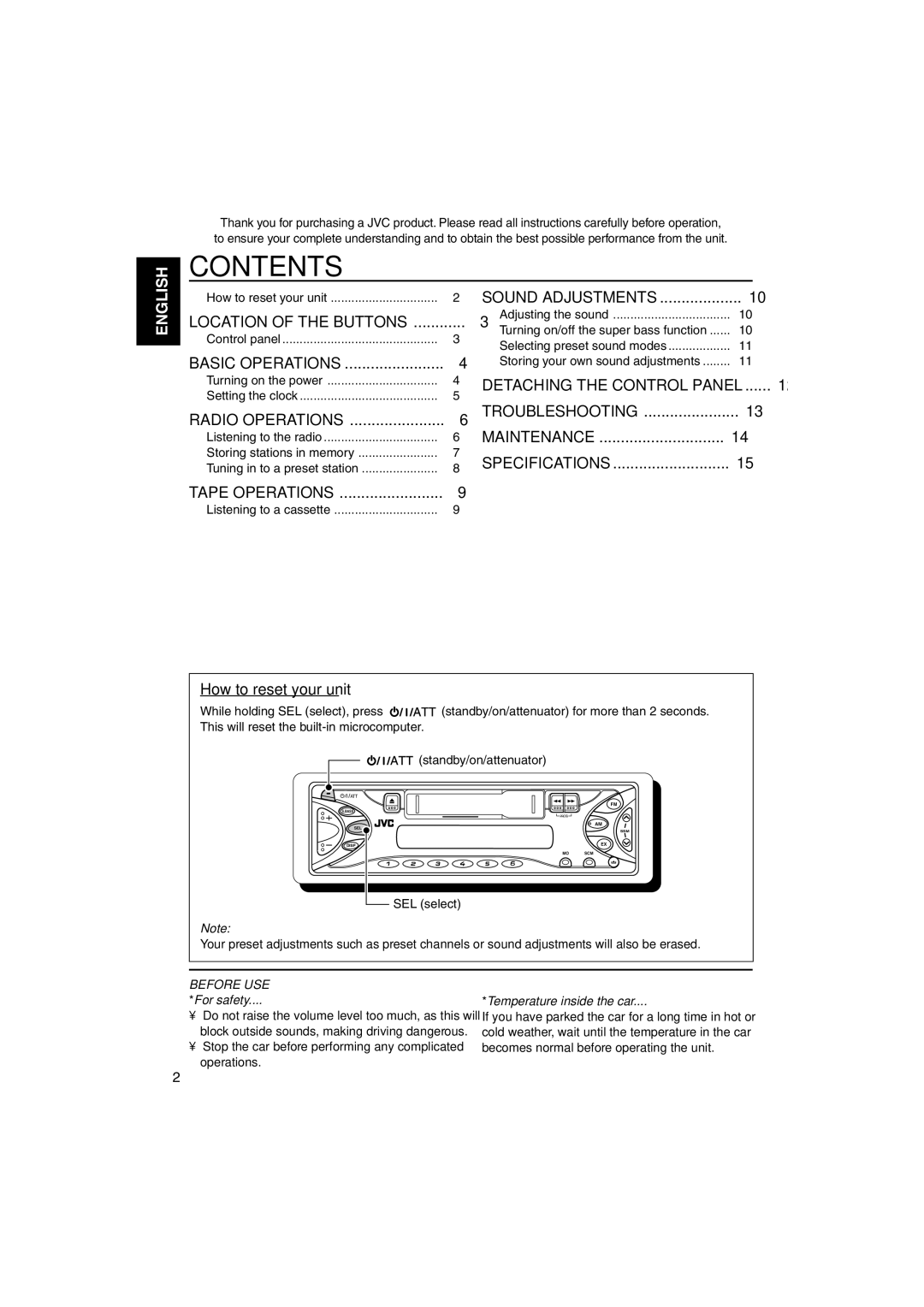 JVC KS-F345 manual Contents 