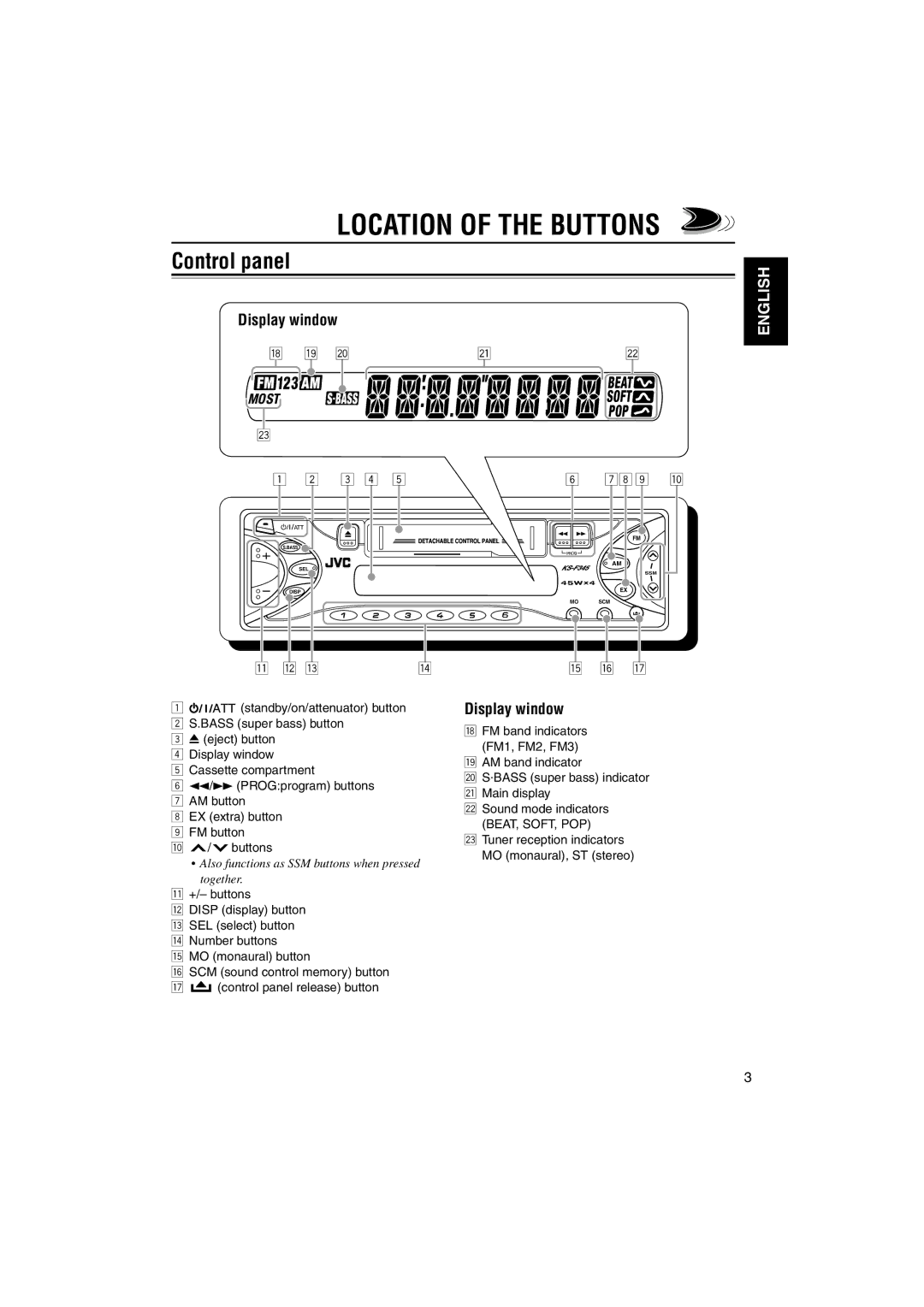 JVC KS-F345 Location of the Buttons, Control panel, Display window, Tuner reception indicators MO monaural, ST stereo 