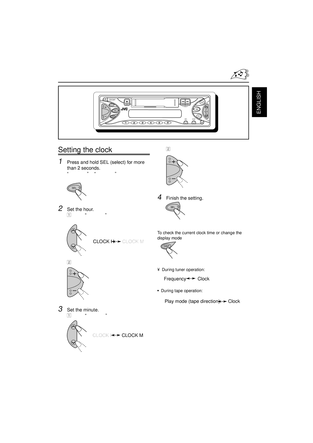 JVC KS-F345 manual Setting the clock, Clock H Clock M 