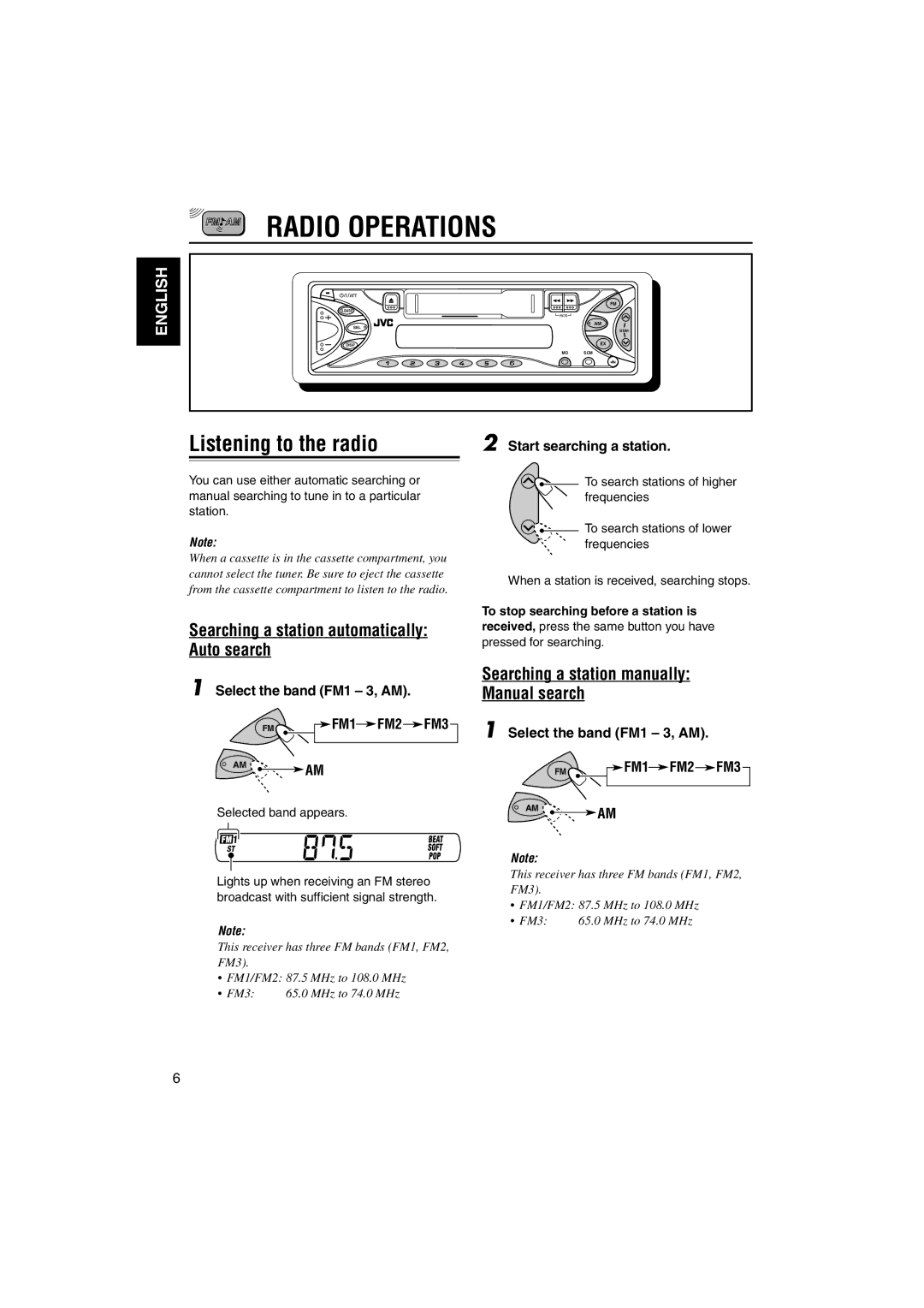 JVC KS-F345 manual Radio Operations, Listening to the radio, Searching a station automatically Auto search, FM1 FM2 