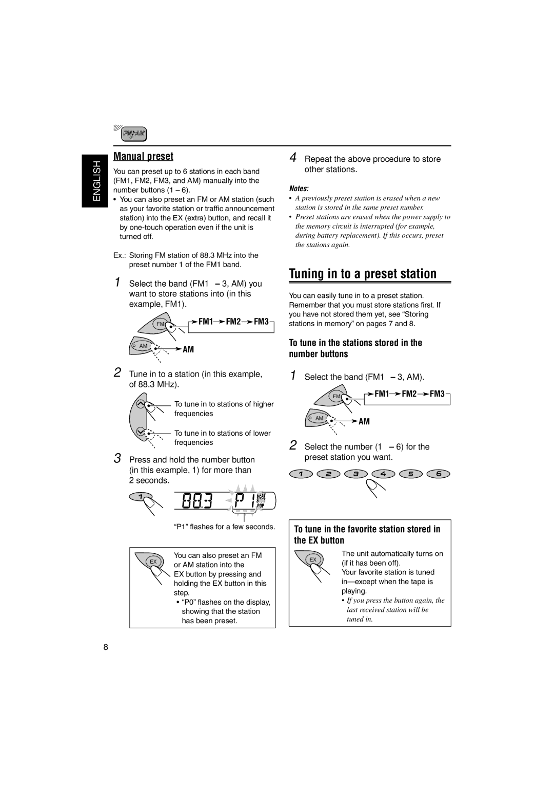 JVC KS-F345 manual Tuning in to a preset station, Manual preset, FM1 FM2 FM3 