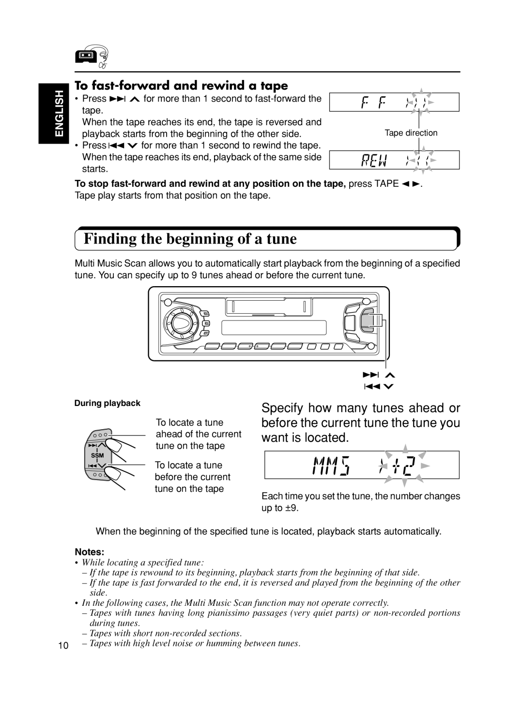 JVC KS-F501, KS-FX601 manual Finding the beginning of a tune, To fast-forward and rewind a tape 