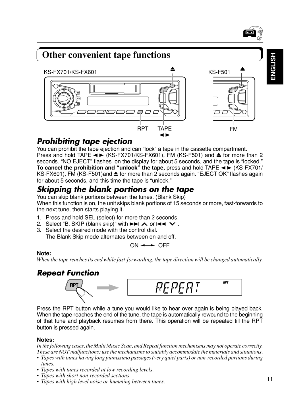 JVC KS-FX601, KS-F501 Other convenient tape functions, Prohibiting tape ejection, Skipping the blank portions on the tape 