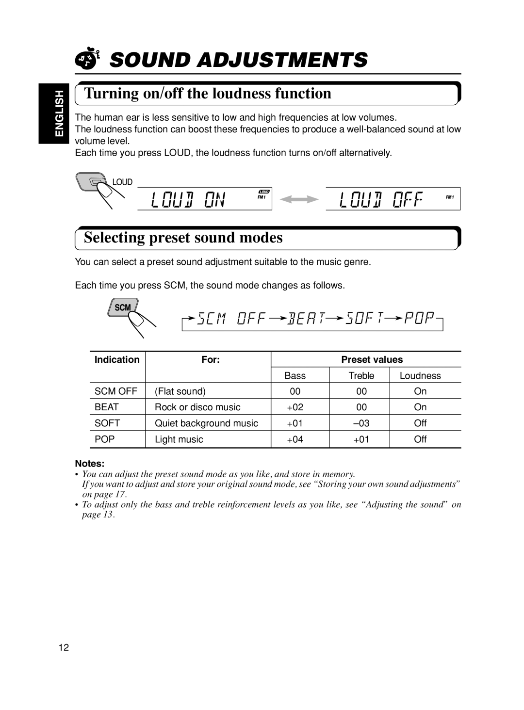 JVC KS-F501, KS-FX601 manual Sound Adjustments, Turning on/off the loudness function, Selecting preset sound modes 