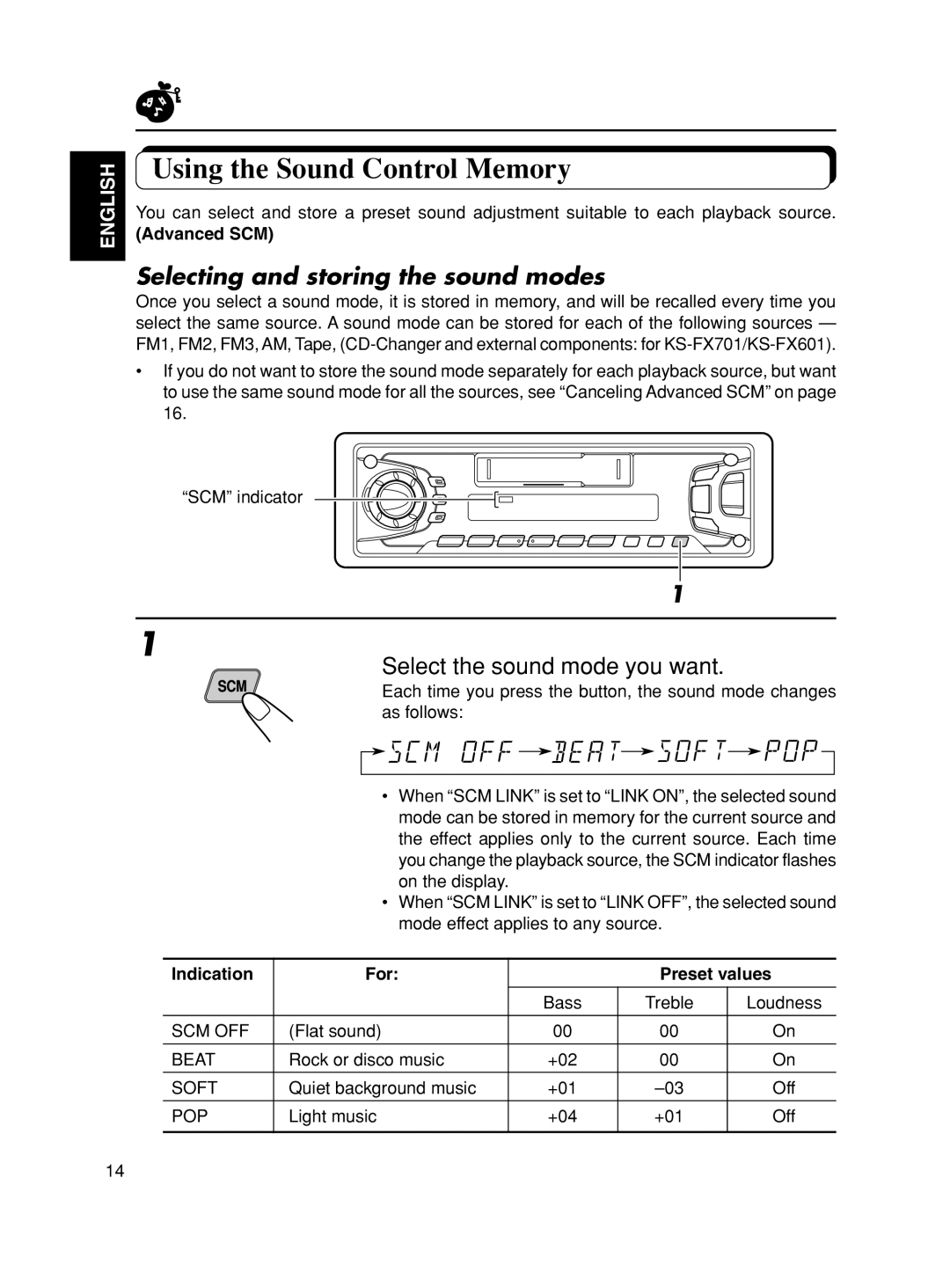 JVC KS-F501 manual Using the Sound Control Memory, Selecting and storing the sound modes, Select the sound mode you want 