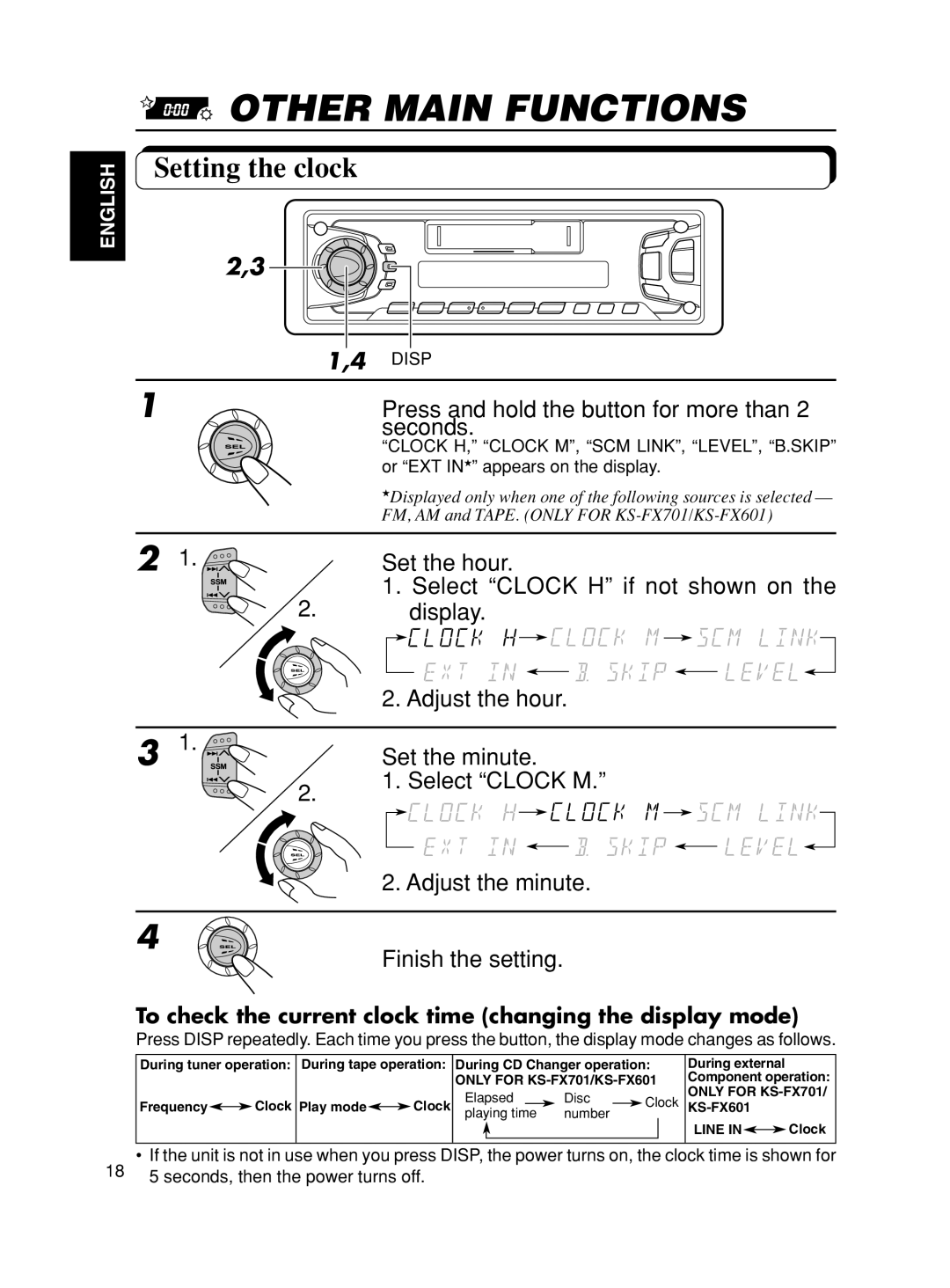 JVC KS-F501, KS-FX601 manual Other Main Functions, Setting the clock, Disp 