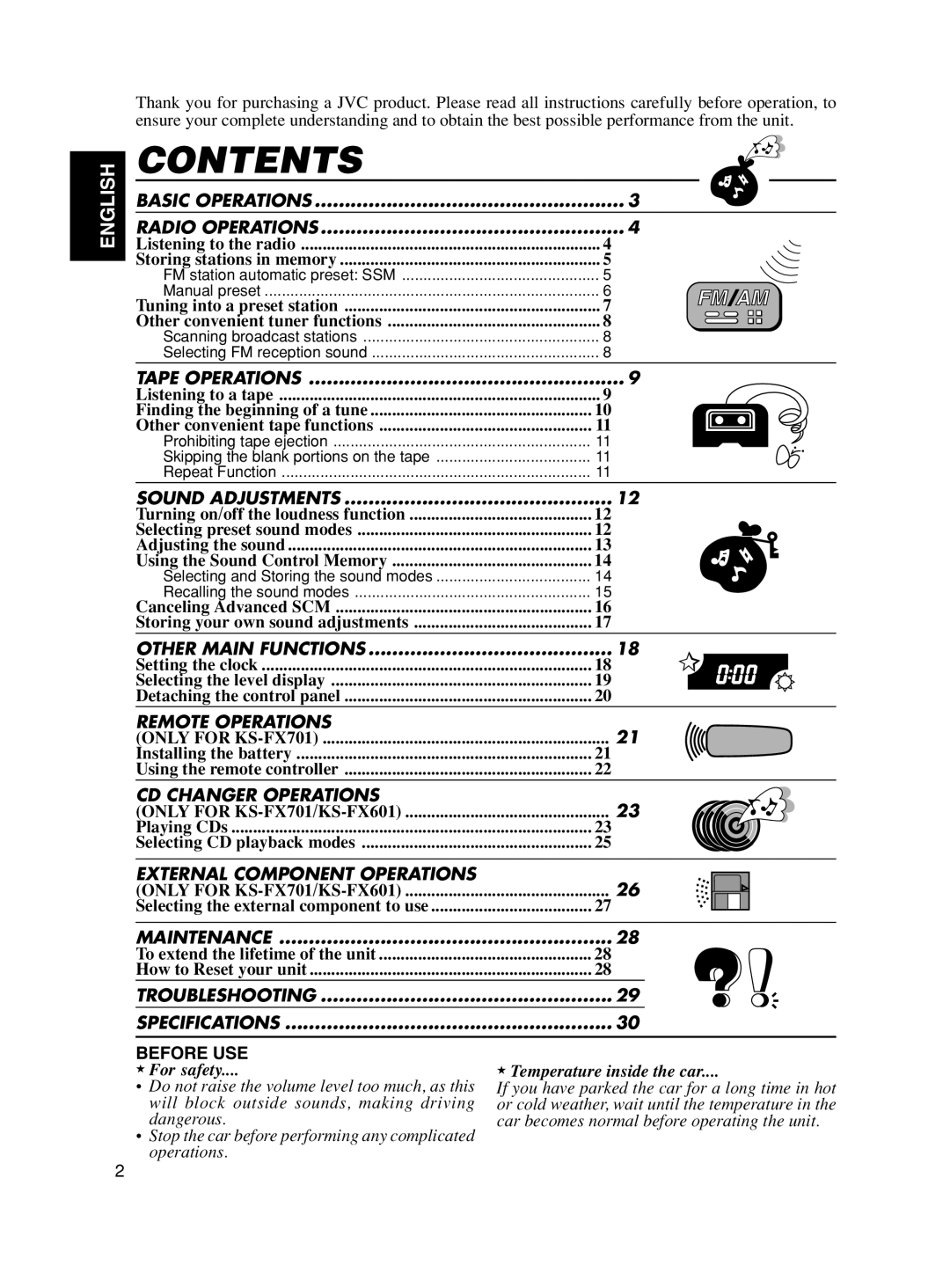 JVC KS-F501, KS-FX601 manual Contents 