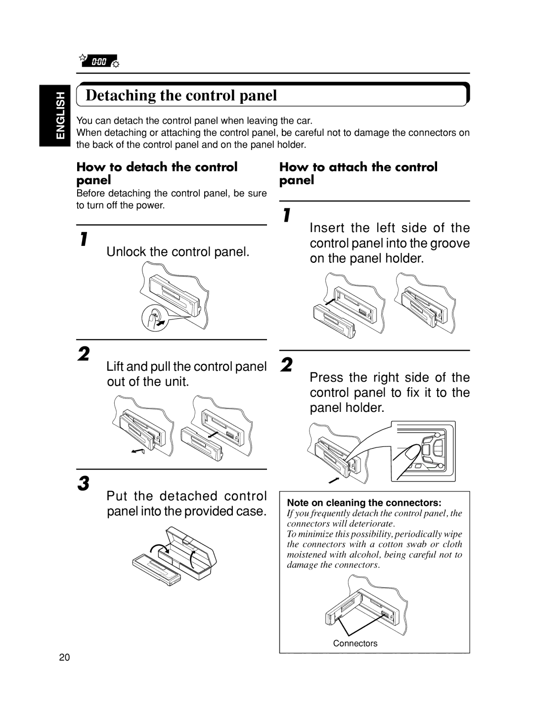 JVC KS-F501, KS-FX601 manual Detaching the control panel, Unlock the control panel, How to detach the control panel 