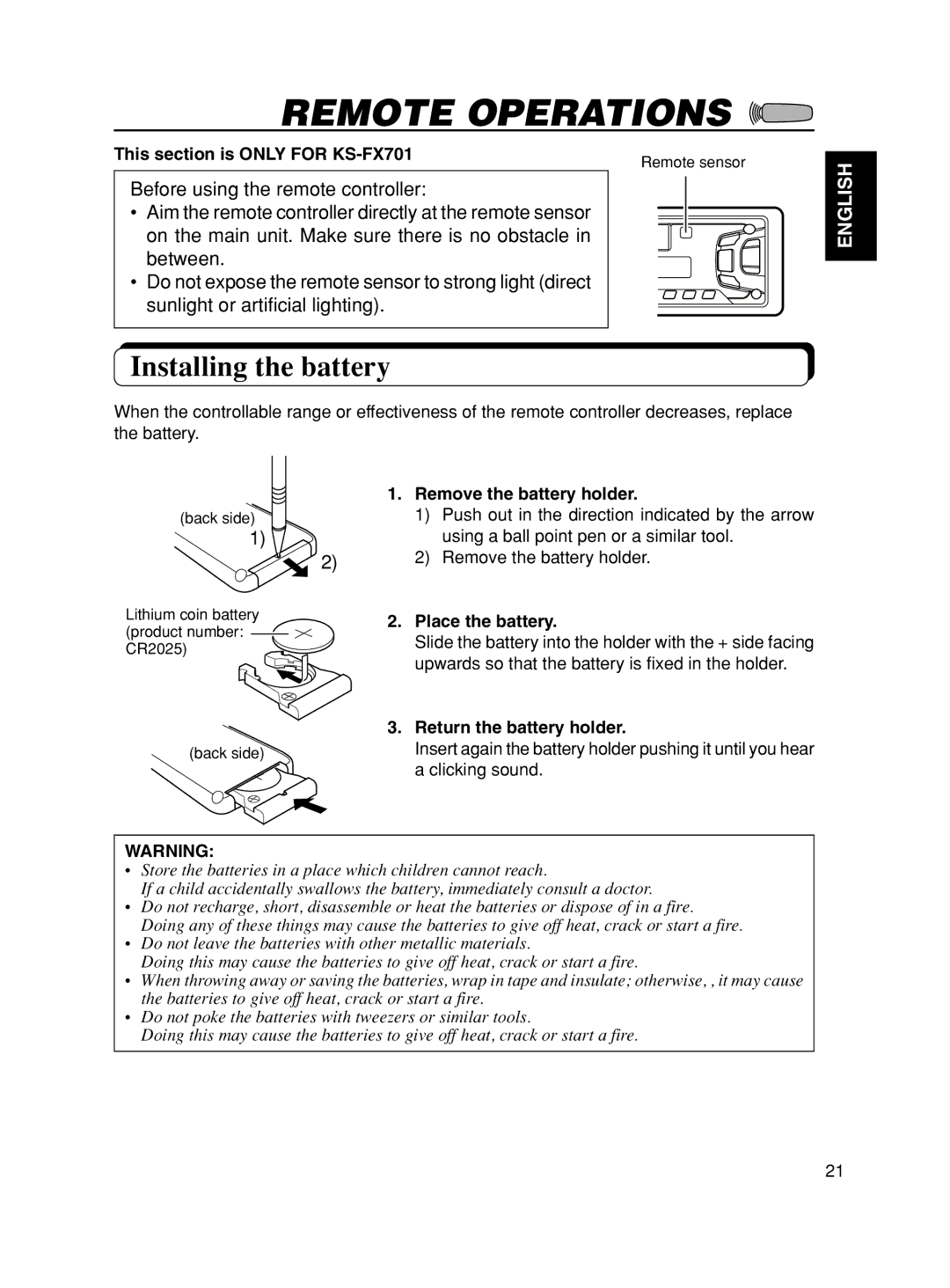 JVC KS-FX601, KS-F501 manual Remote Operations, Installing the battery 