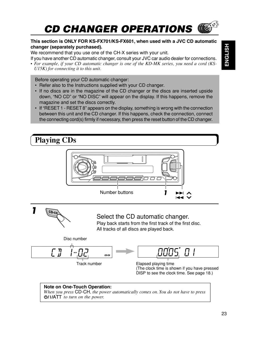 JVC KS-FX601, KS-F501 manual CD Changer Operations, Playing CDs, Select the CD automatic changer 