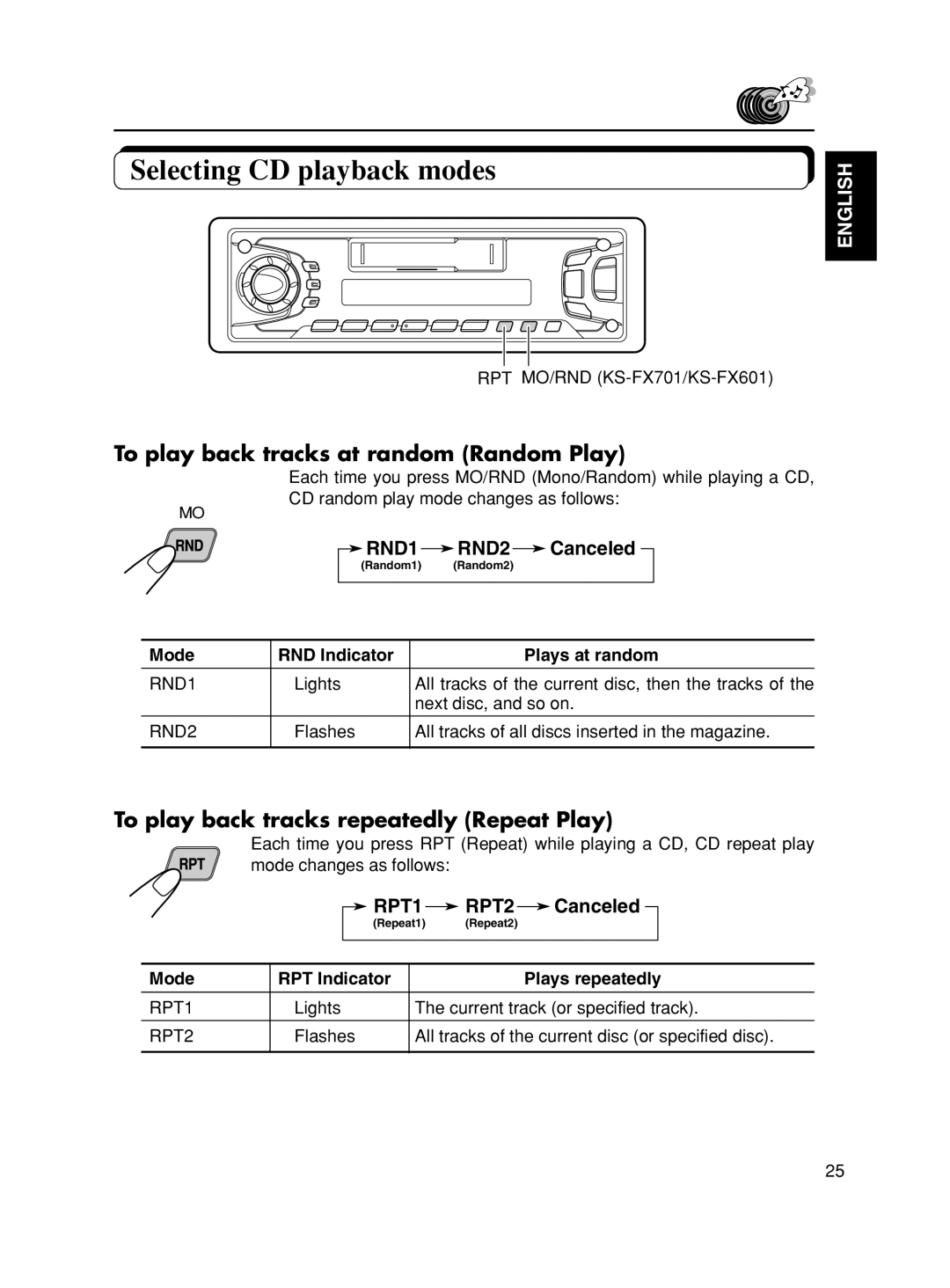 JVC KS-FX601 Selecting CD playback modes, To play back tracks at random Random Play, Mode RND Indicator Plays at random 