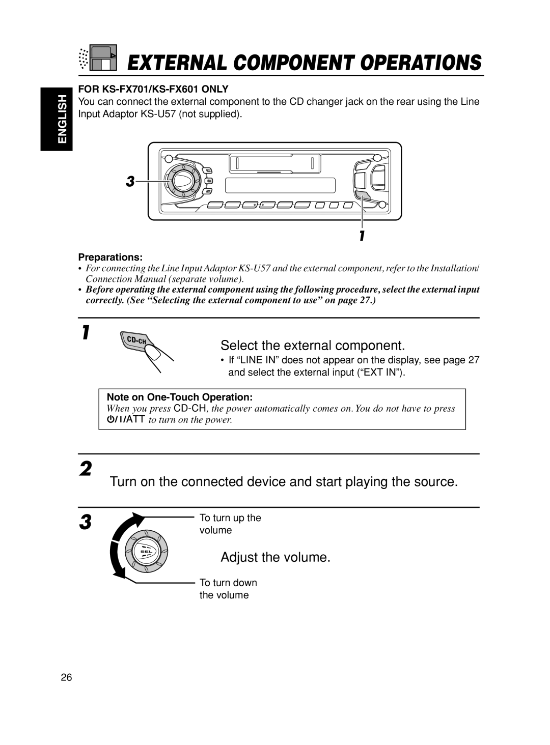 JVC KS-F501 manual Select the external component, Turn on the connected device and start playing the source, Preparations 