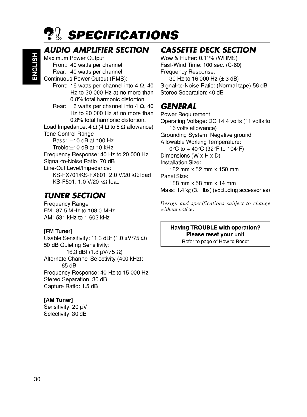 JVC KS-F501, KS-FX601 manual Specifications, FM Tuner, AM Tuner, Having Trouble with operation? Please reset your unit 