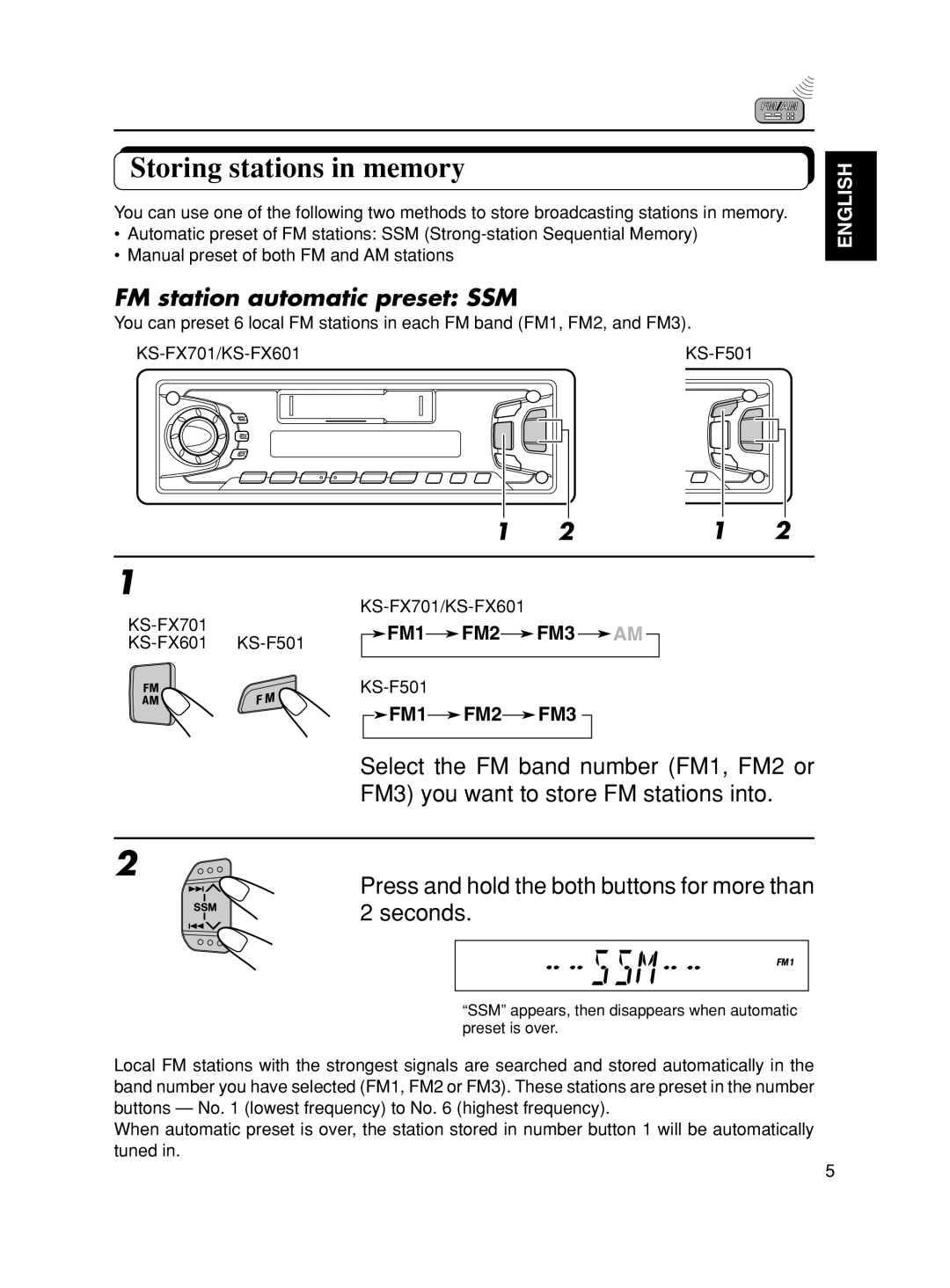 JVC KS-FX601, KS-F501 manual Storing stations in memory, FM station automatic preset SSM 