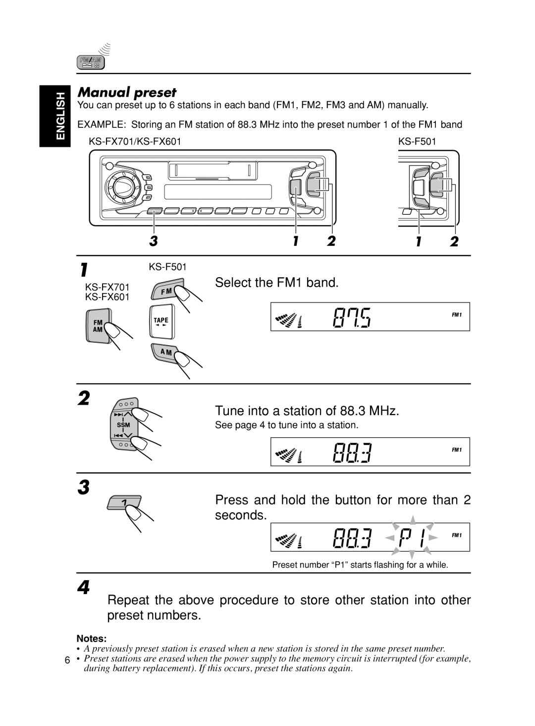 JVC KS-F501, KS-FX601 manual Manual preset, Select the FM1 band, Tune into a station of 88.3 MHz 