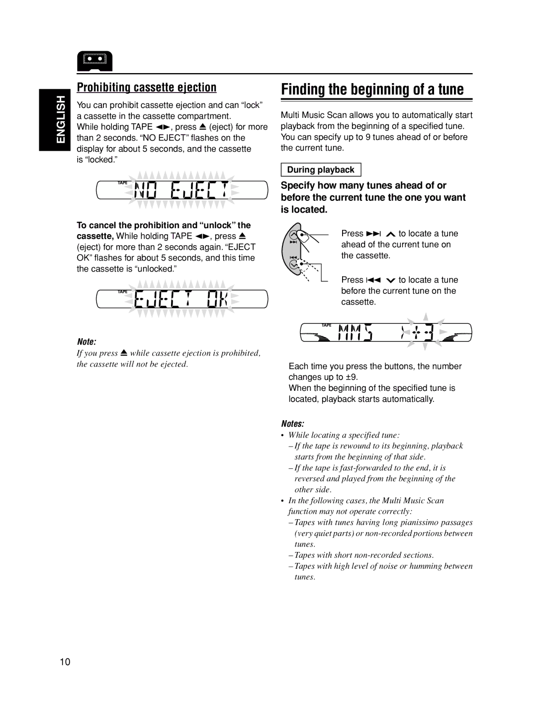 JVC KS-F545 manual Prohibiting cassette ejection, During playback To cancel the prohibition and unlock 