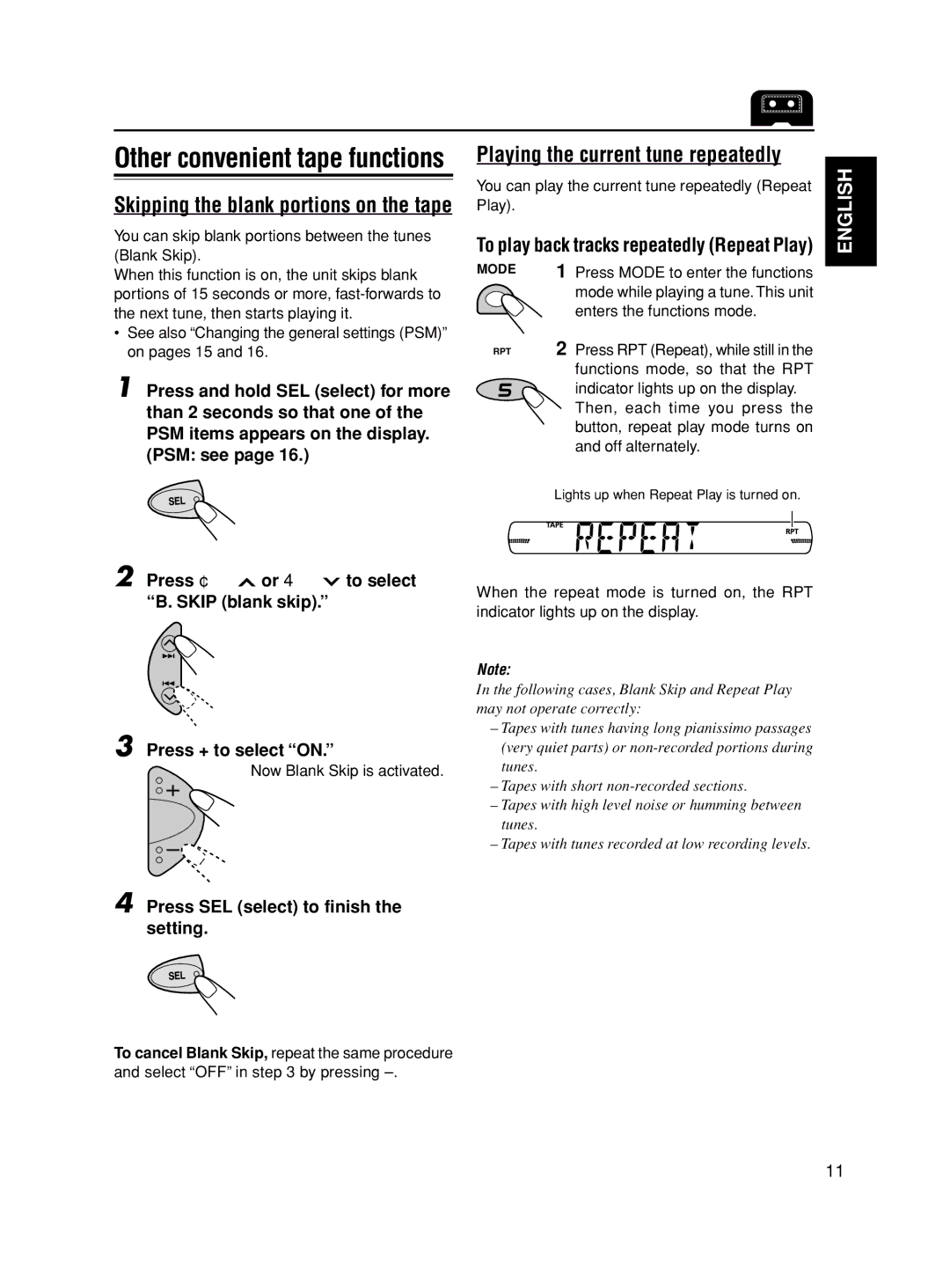 JVC KS-F545 manual Playing the current tune repeatedly, Skipping the blank portions on the tape 