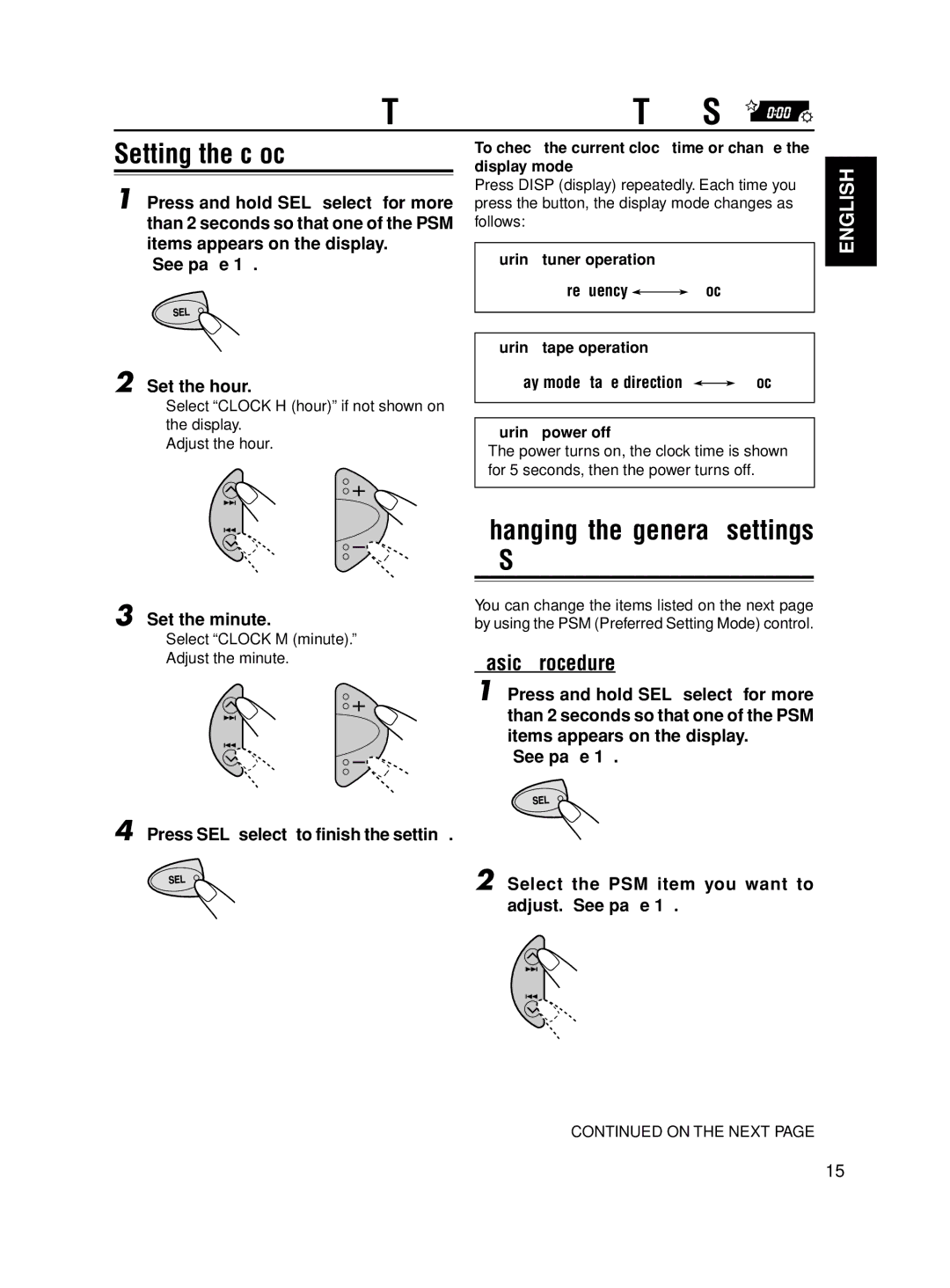 JVC KS-F545 Other Main Functions, Setting the clock, Changing the general settings PSM, Basic Procedure, Set the minute 