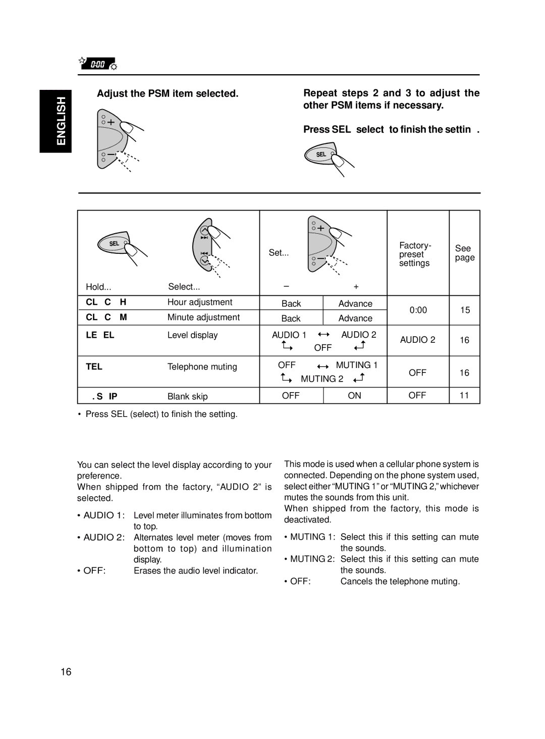 JVC KS-F545 manual Preferred Setting Mode PSM items, To select the level meter Level, To select the telephone muting TEL 