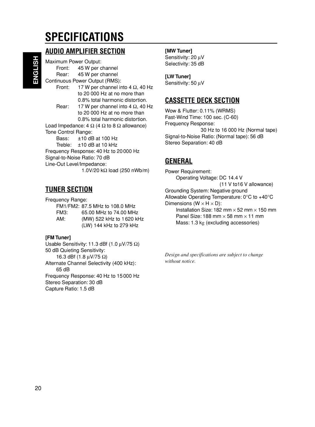 JVC KS-F545 manual Specifications, FM Tuner, MW Tuner, LW Tuner 