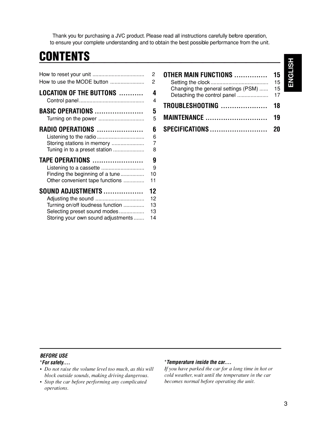 JVC KS-F545 manual Contents 