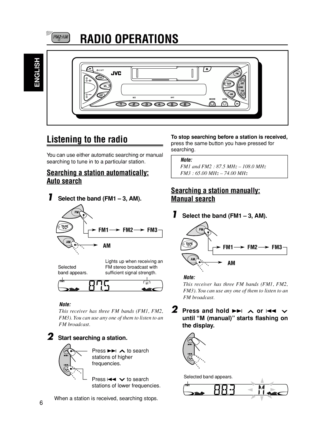 JVC KS-F545 manual Radio Operations, Listening to the radio, Searching a station automatically Auto search 