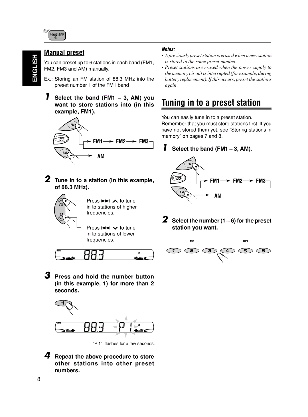 JVC KS-F545 manual Tuning in to a preset station, Manual preset, Select the band FM1 3, AM you, Example, FM1 