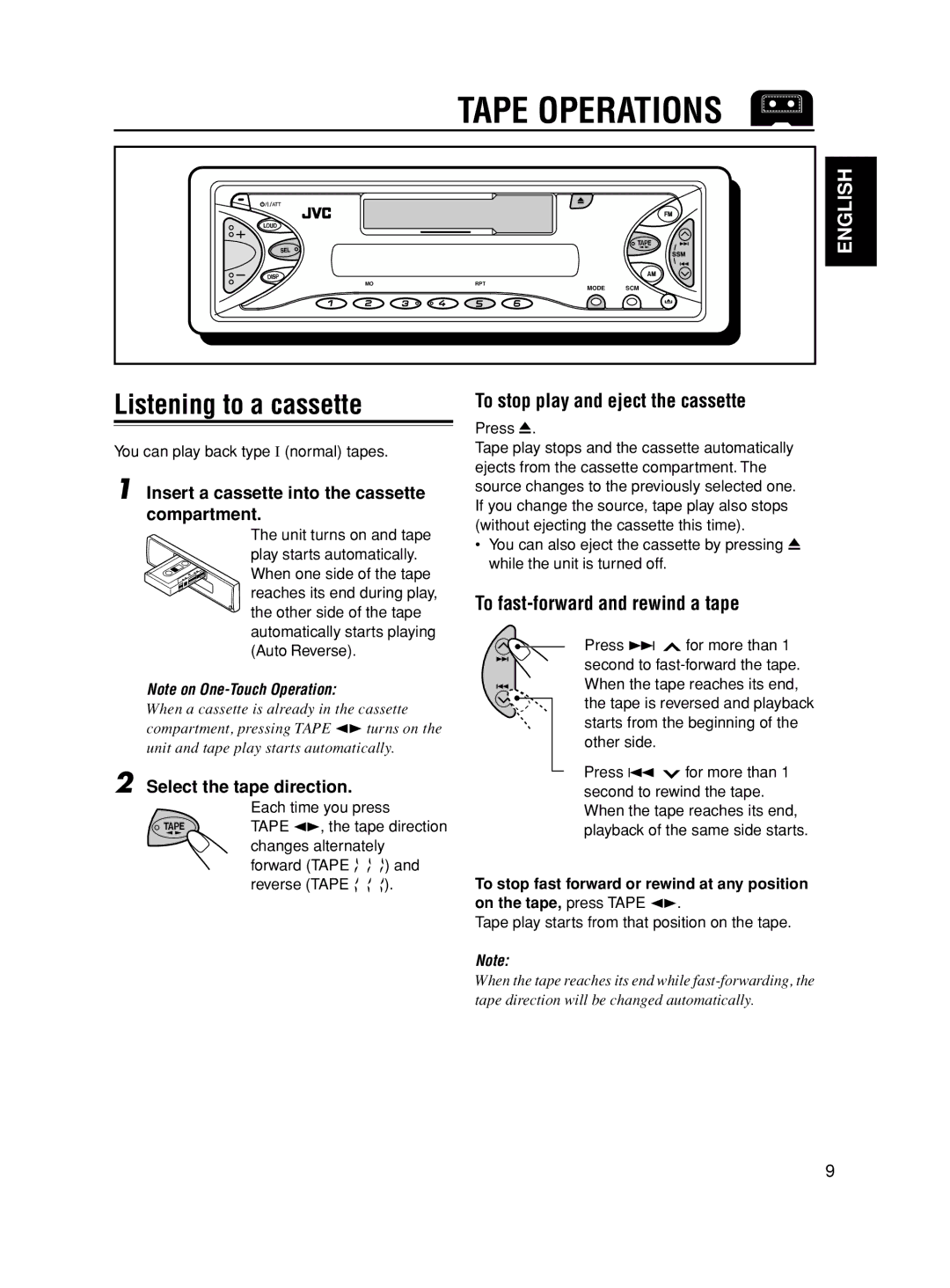 JVC KS-F545 manual Tape Operations, Listening to a cassette, To stop play and eject the cassette 