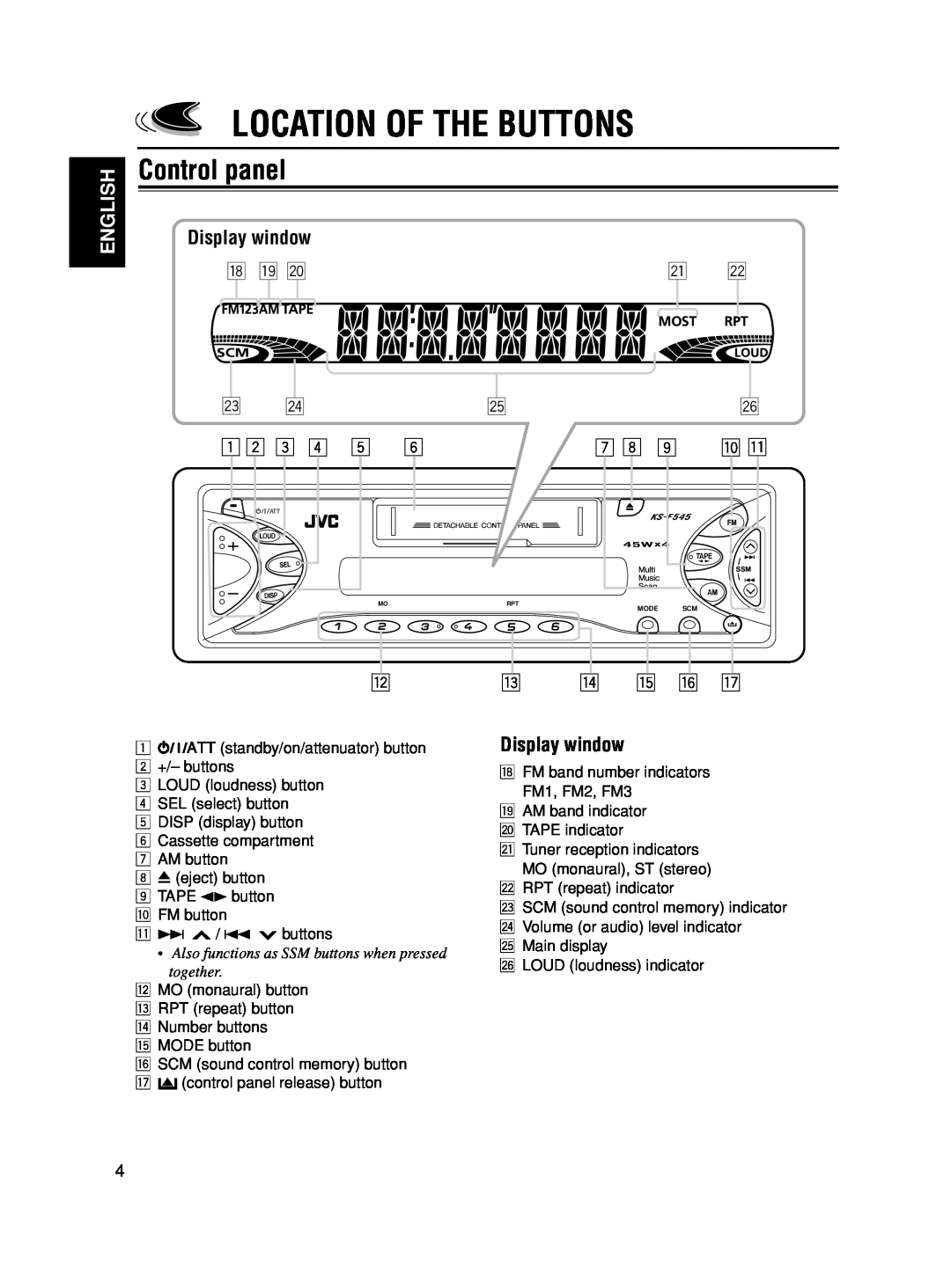 JVC KS-F545 manual Location Of The Buttons, Control panel, Display window, English 