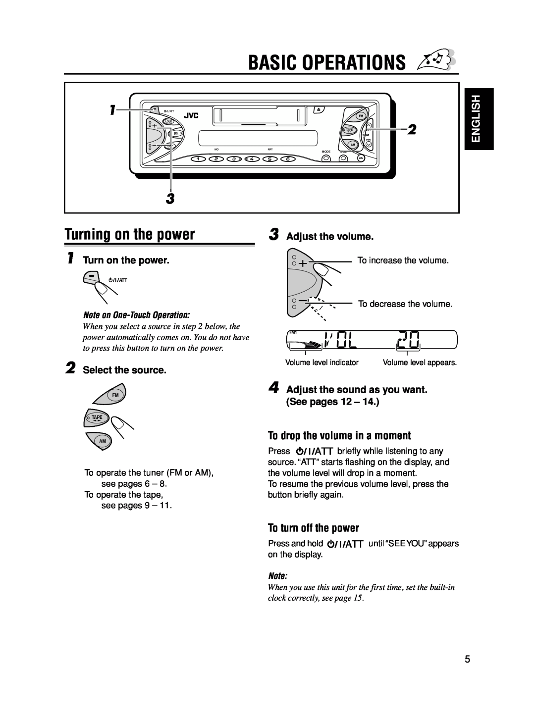 JVC KS-F545 manual Basic Operations, Turning on the power, To drop the volume in a moment, To turn off the power, English 