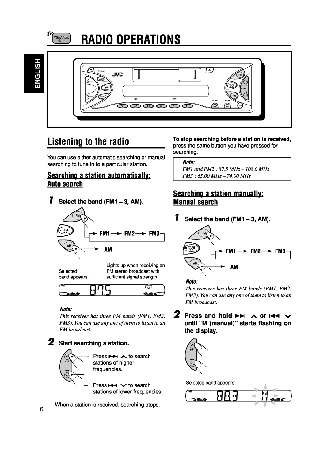 JVC KS-F545 Radio Operations, Listening to the radio, Searching a station automatically Auto search, English, Selected 