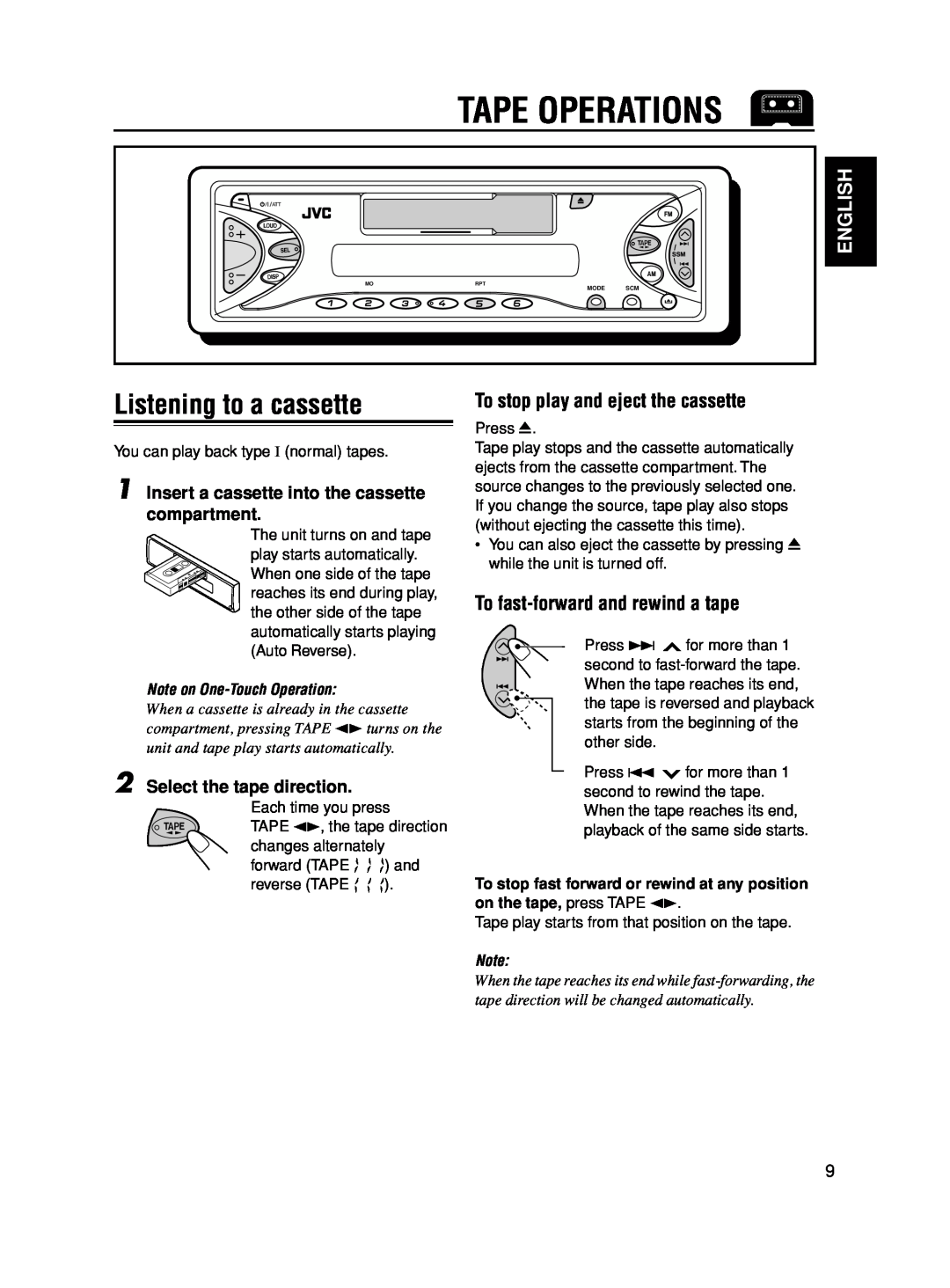 JVC KS-F545 manual Tape Operations, Listening to a cassette, To stop play and eject the cassette, English 