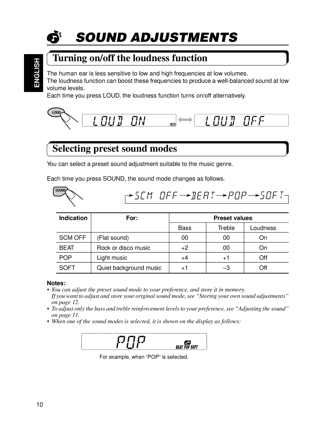 JVC KS-FX12WT manual Sound Adjustments, Turning on/off the loudness function, Selecting preset sound modes 