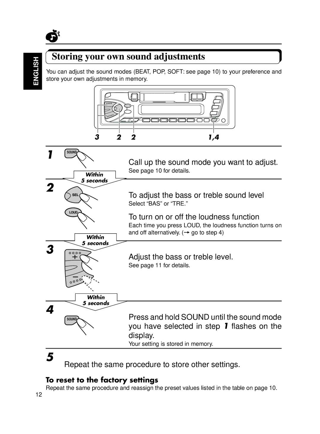 JVC KS-FX12WT manual Storing your own sound adjustments 